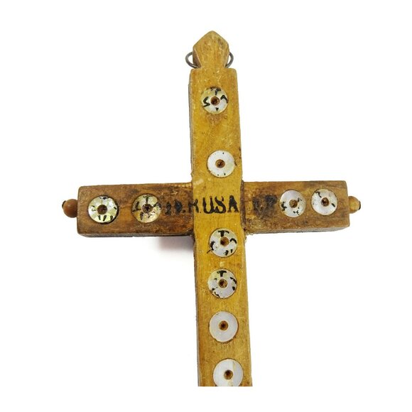 Antique Stations of the Cross Crucifix Wood Cross Mother of Pearl Inlay - Picture 3 of 3